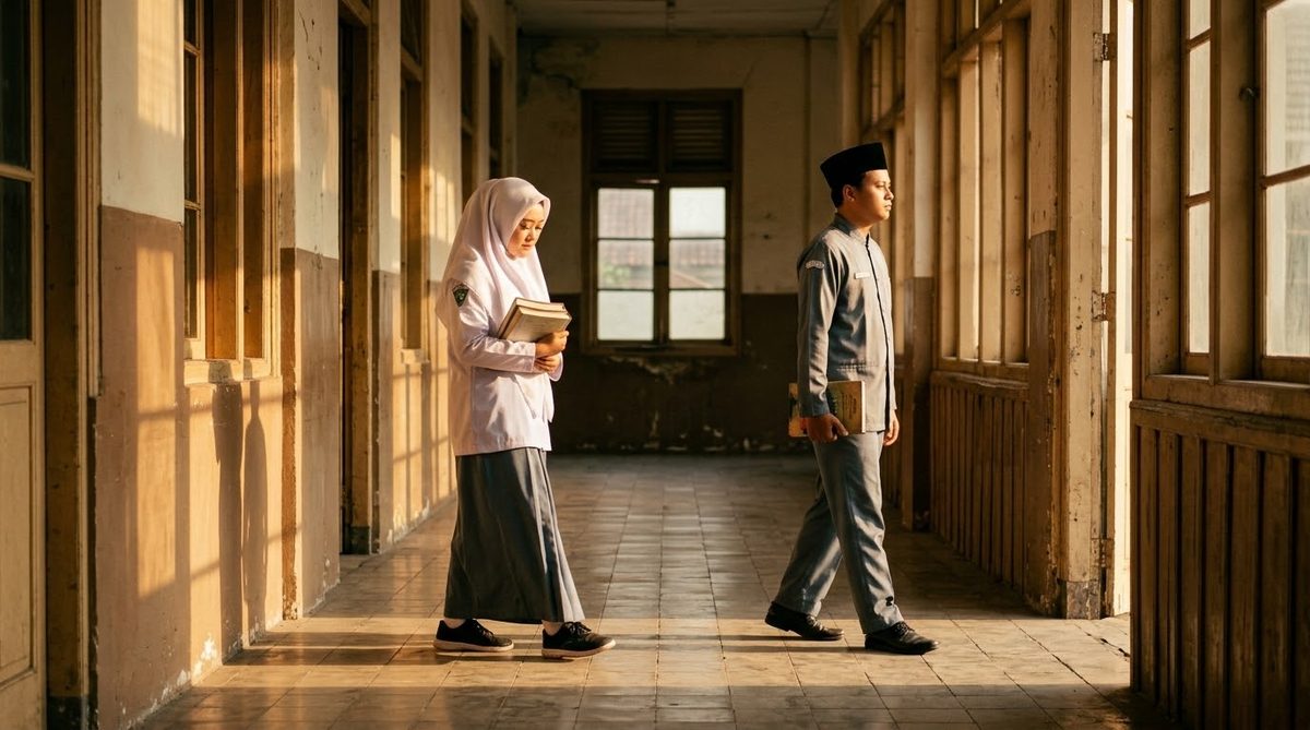 Bayu dan Lilik berpapasan di koridor sekolah