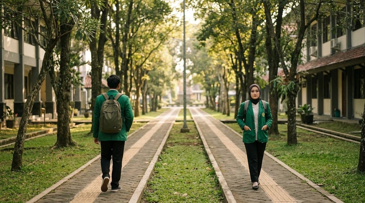 Bayu dan Lilik berjalan di jalan kampus UIN Walisongo