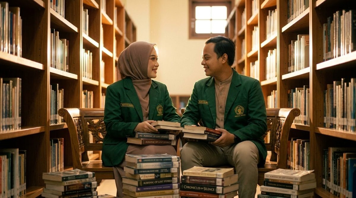 Bayu dan Lilik tertawa bersama di perpustakaan