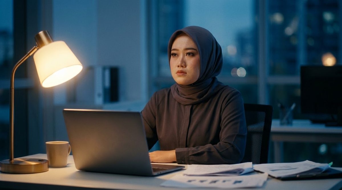Lilik bekerja lembur di malam hari
